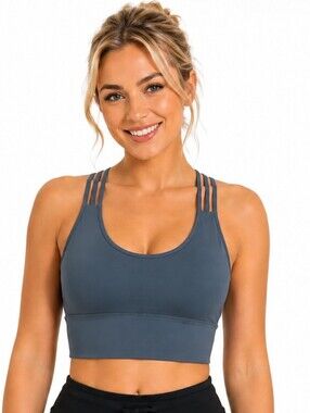 AS ROSE RICH ATHLETIC SPORTS TOP Triple-Strap Sports Bra in Slate Blue SIZE LRG